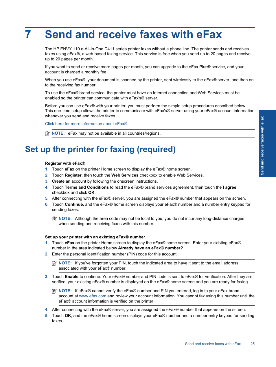 Send and receive faxes with efax, Set up the printer for faxing (required), 7 send and receive faxes with efax | 7send and receive faxes with efax | HP ENVY 111 e-All-in-One Printer - D411d User Manual | Page 27 / 58