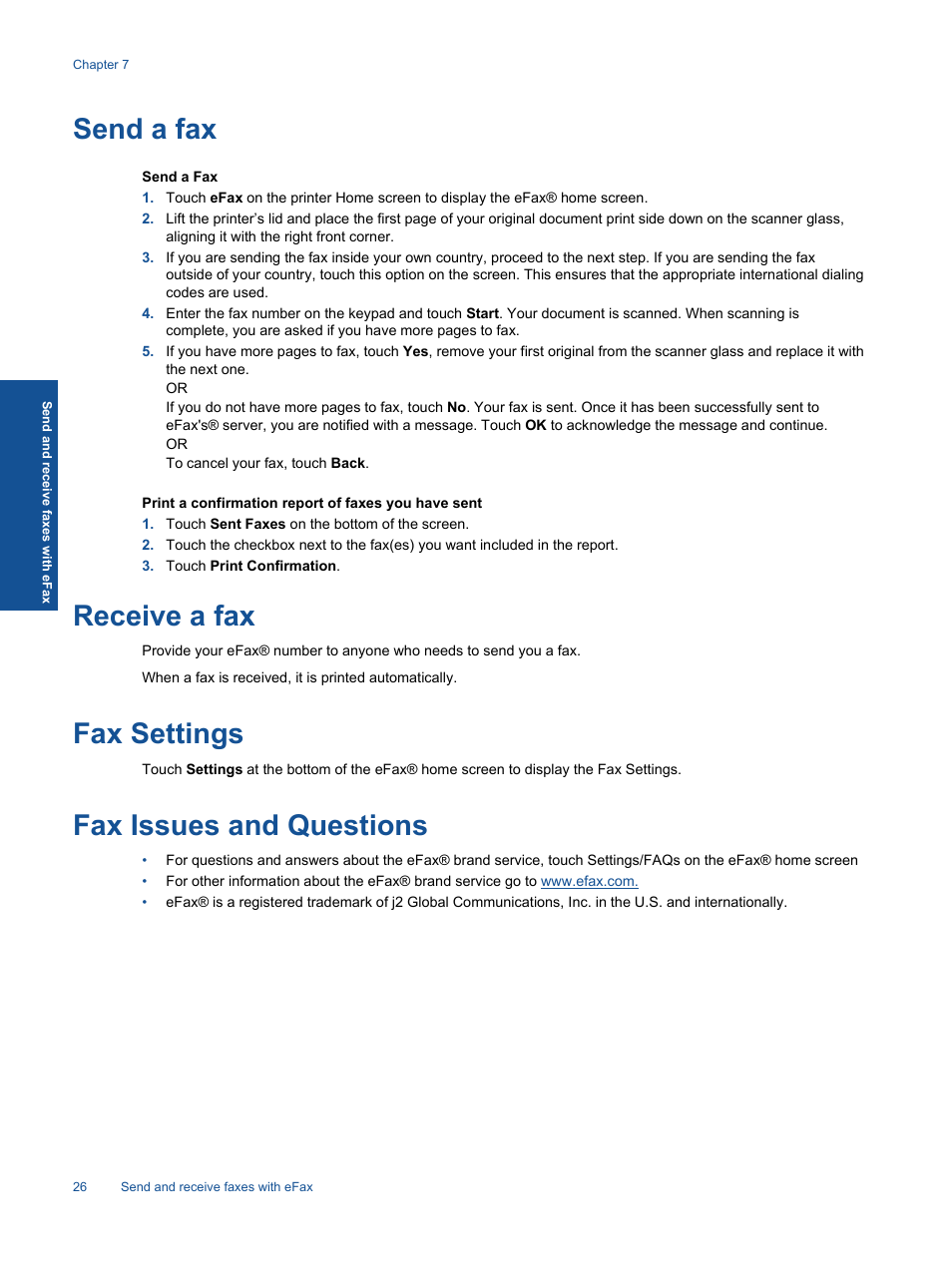 Send a fax, Receive a fax, Fax settings | Fax issues and questions | HP ENVY 111 e-All-in-One Printer - D411d User Manual | Page 28 / 58