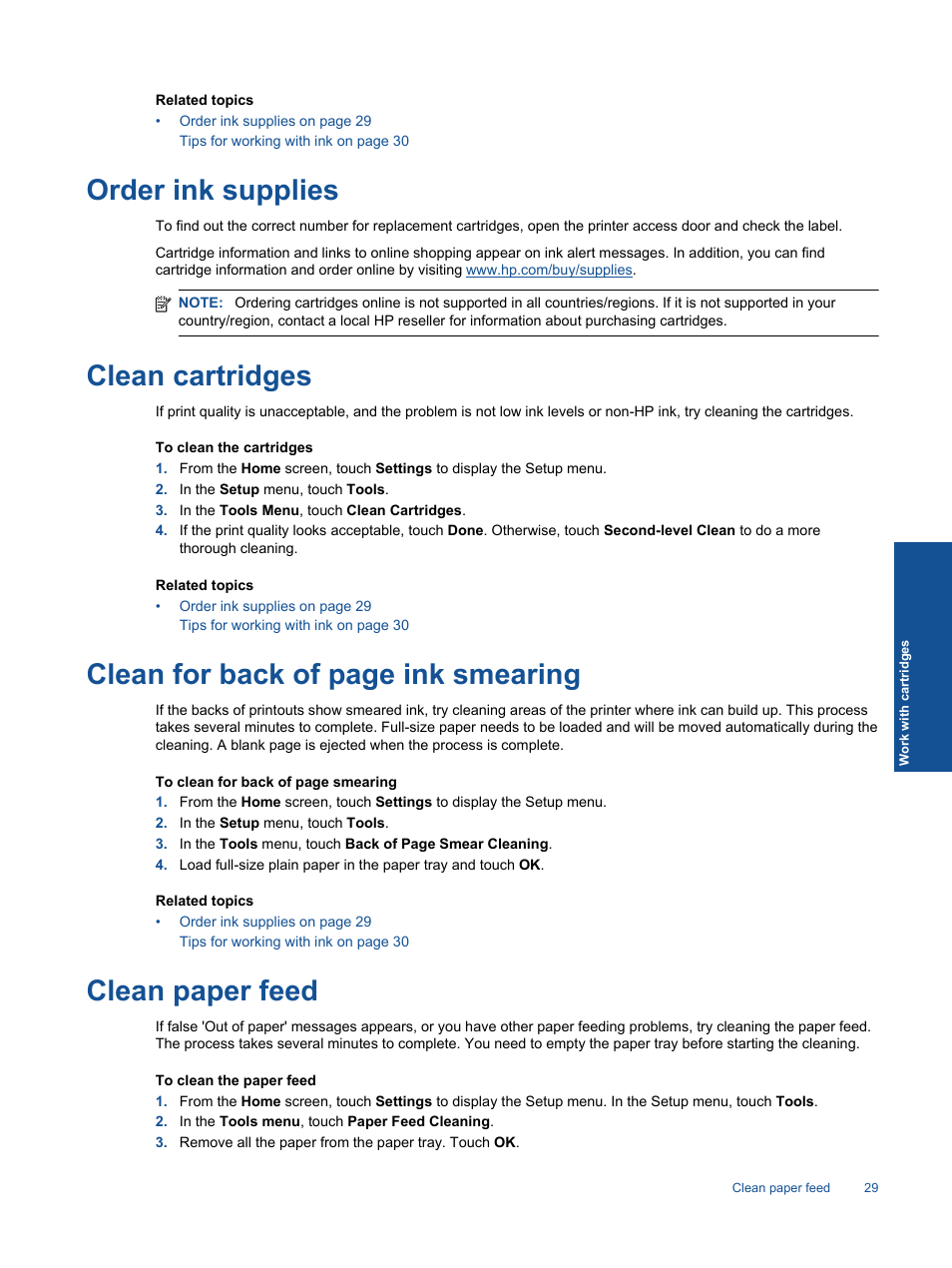 Order ink supplies, Clean cartridges, Clean paper feed | Clean for back of page ink smearing | HP ENVY 111 e-All-in-One Printer - D411d User Manual | Page 31 / 58