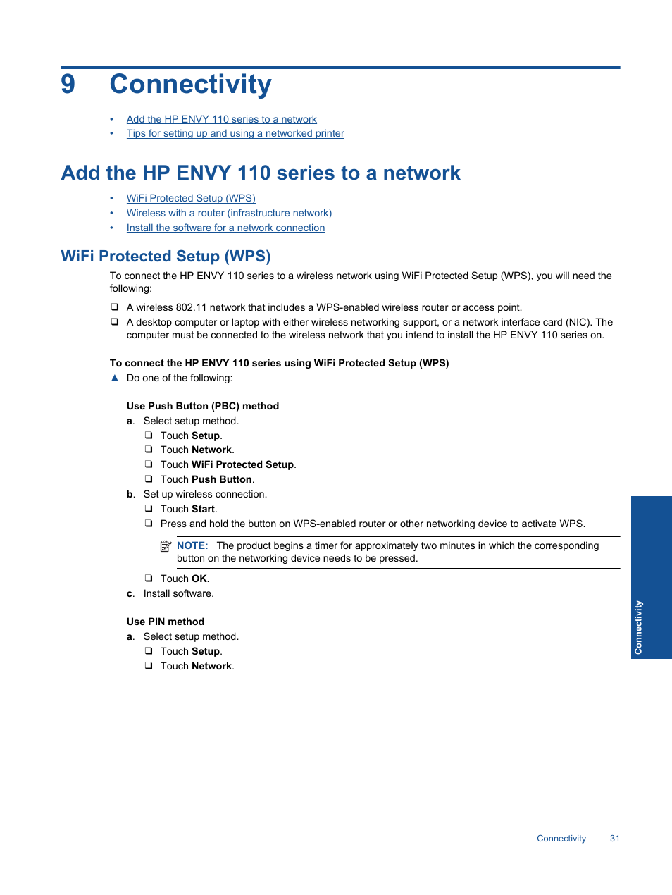 Connectivity, Add the hp envy 110 series to a network, Wifi protected setup (wps) | 9 connectivity, 9connectivity | HP ENVY 111 e-All-in-One Printer - D411d User Manual | Page 33 / 58