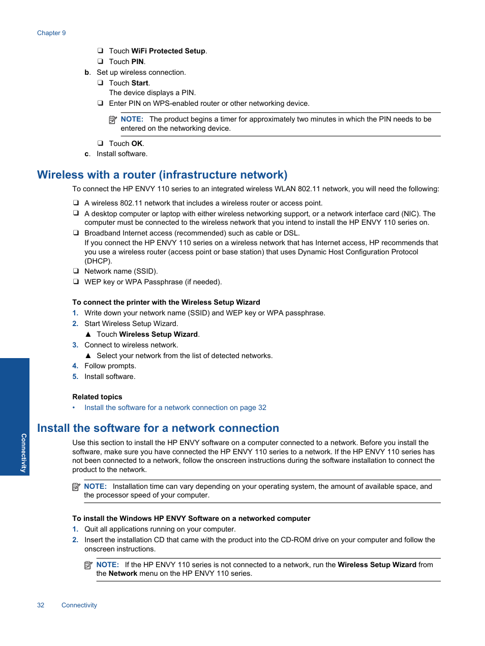 Wireless with a router (infrastructure network), Install the software for a network connection | HP ENVY 111 e-All-in-One Printer - D411d User Manual | Page 34 / 58