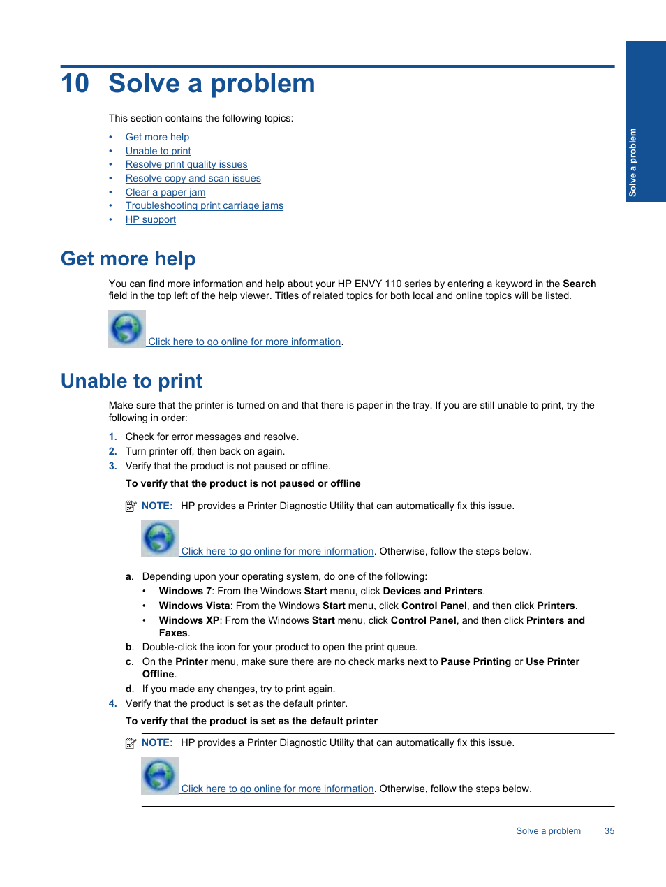 Solve a problem, Get more help, Unable to print | 10 solve a problem, Get more help unable to print | HP ENVY 111 e-All-in-One Printer - D411d User Manual | Page 37 / 58