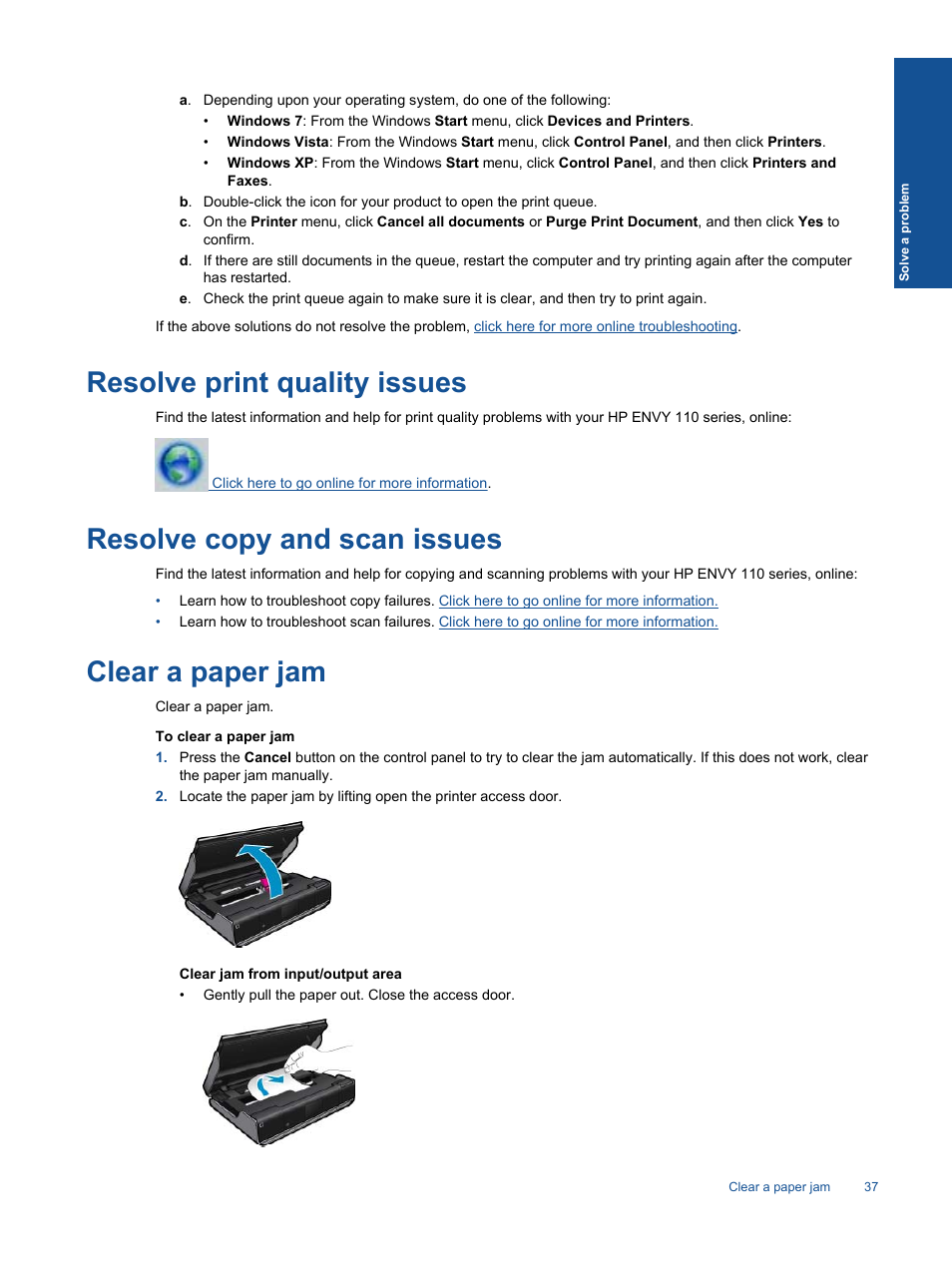 Resolve print quality issues, Resolve copy and scan issues, Clear a paper jam | HP ENVY 111 e-All-in-One Printer - D411d User Manual | Page 39 / 58