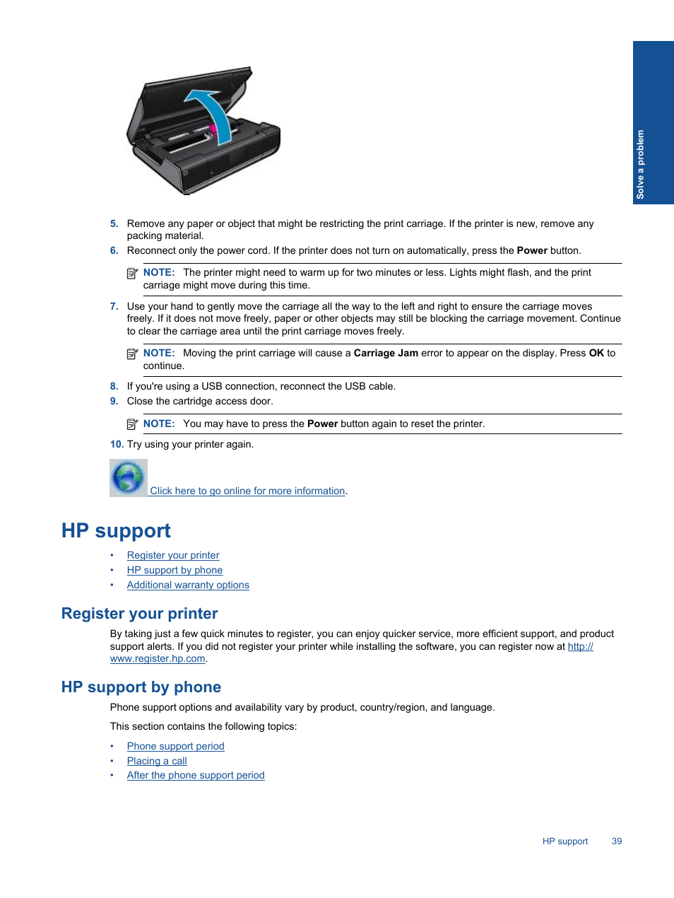 Hp support, Register your printer, Hp support by phone | HP ENVY 111 e-All-in-One Printer - D411d User Manual | Page 41 / 58