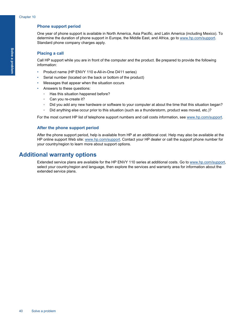 Phone support period, Placing a call, After the phone support period | Additional warranty options | HP ENVY 111 e-All-in-One Printer - D411d User Manual | Page 42 / 58