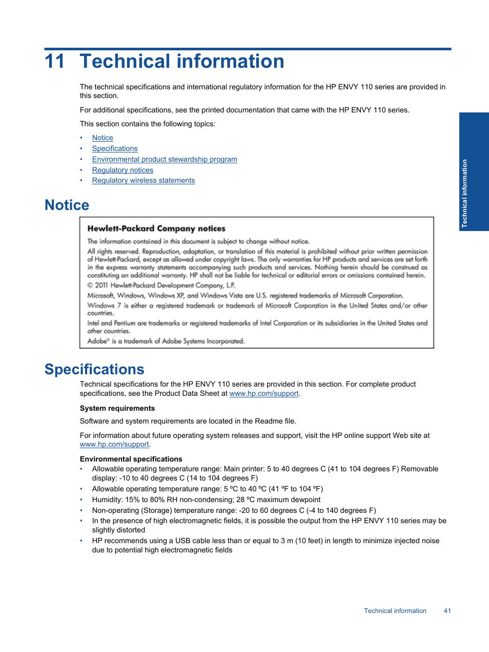 Technical information, Notice, Specifications | 11 technical information, Notice specifications | HP ENVY 111 e-All-in-One Printer - D411d User Manual | Page 43 / 58