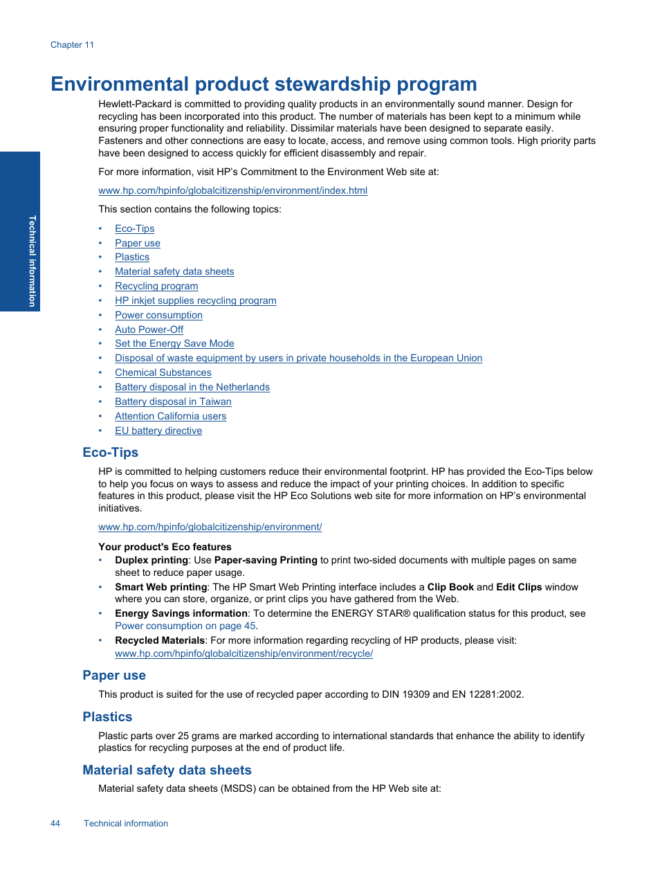 Environmental product stewardship program, Eco-tips, Paper use | Plastics, Material safety data sheets | HP ENVY 111 e-All-in-One Printer - D411d User Manual | Page 46 / 58