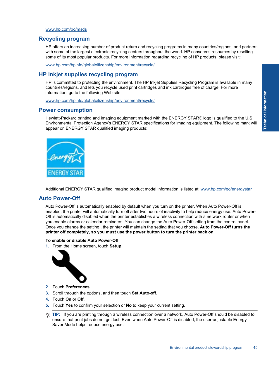 Recycling program, Hp inkjet supplies recycling program, Power consumption | Auto power-off | HP ENVY 111 e-All-in-One Printer - D411d User Manual | Page 47 / 58