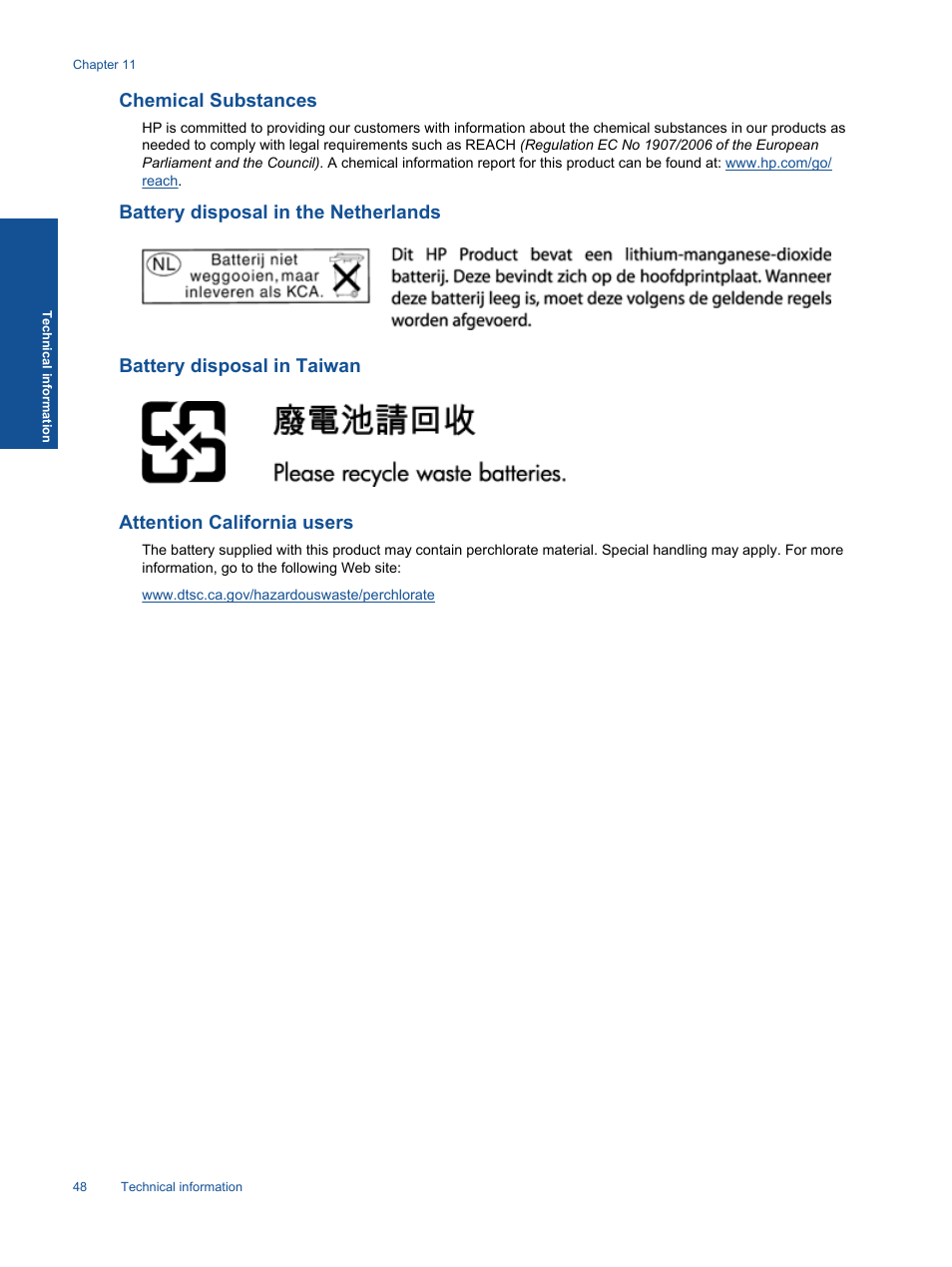 Chemical substances, Battery disposal in the netherlands, Battery disposal in taiwan | Attention california users | HP ENVY 111 e-All-in-One Printer - D411d User Manual | Page 50 / 58