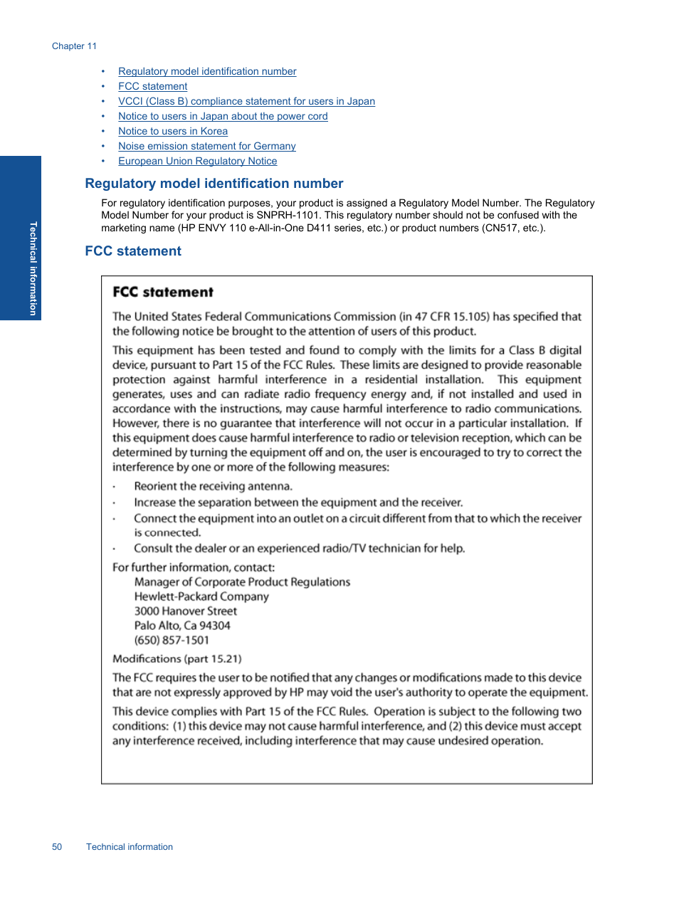 Regulatory model identification number, Fcc statement | HP ENVY 111 e-All-in-One Printer - D411d User Manual | Page 52 / 58