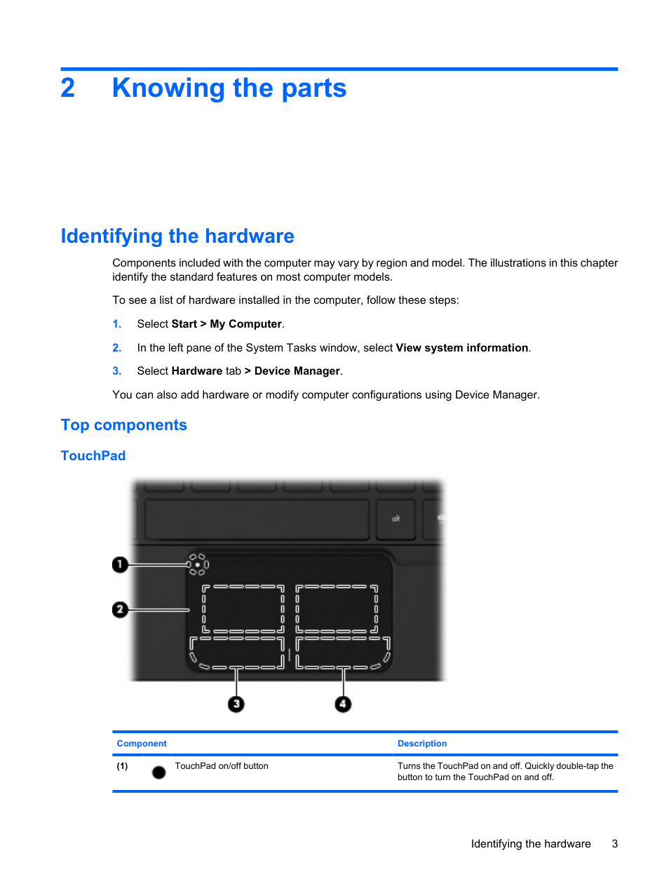 Knowing the parts, Identifying the hardware, Top components | Touchpad, 2 knowing the parts, 2knowing the parts | HP Mini 210-1020EH PC User Manual | Page 11 / 94