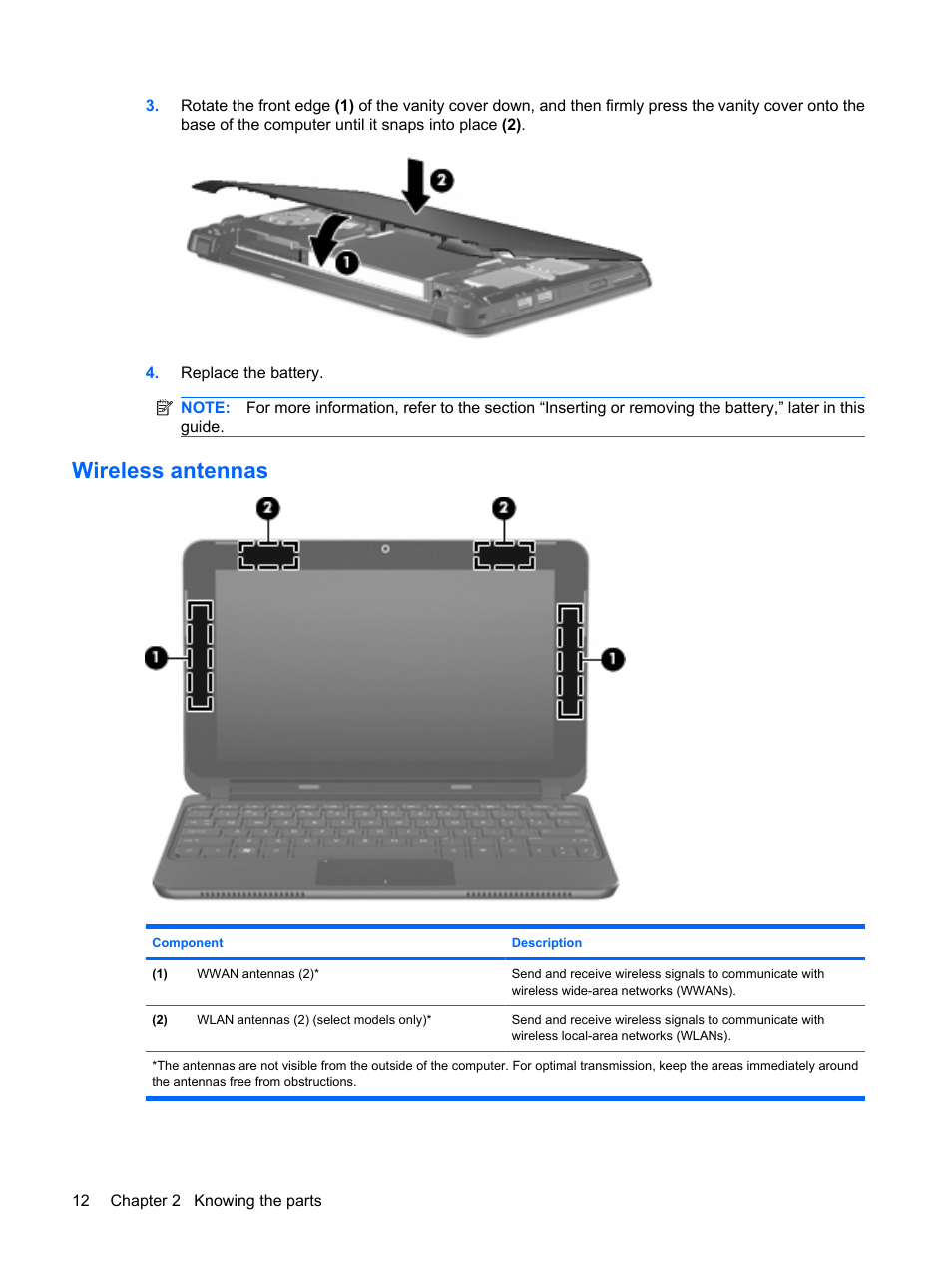 Wireless antennas | HP Mini 210-1020EH PC User Manual | Page 20 / 94