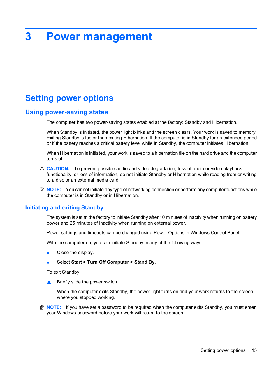 Power management, Setting power options, Using power-saving states | Initiating and exiting standby, 3 power management, 3power management | HP Mini 210-1020EH PC User Manual | Page 23 / 94