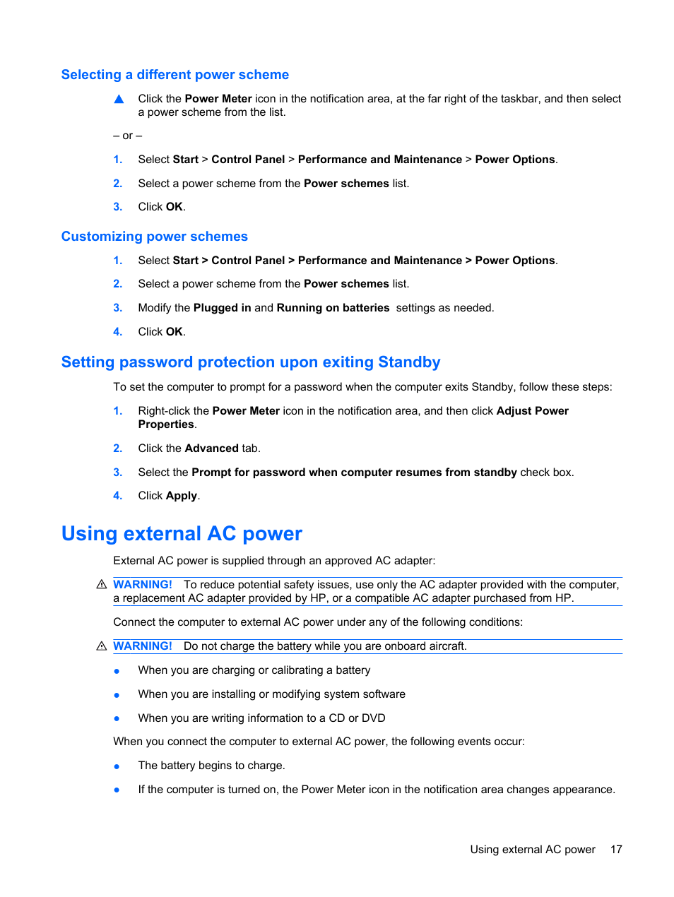 Selecting a different power scheme, Customizing power schemes, Setting password protection upon exiting standby | Using external ac power | HP Mini 210-1020EH PC User Manual | Page 25 / 94