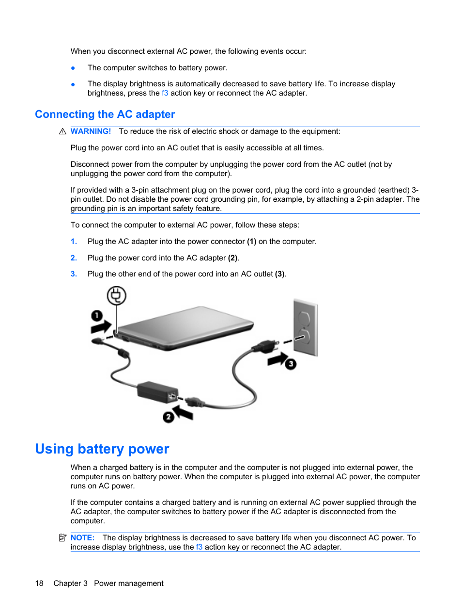 Connecting the ac adapter, Using battery power | HP Mini 210-1020EH PC User Manual | Page 26 / 94