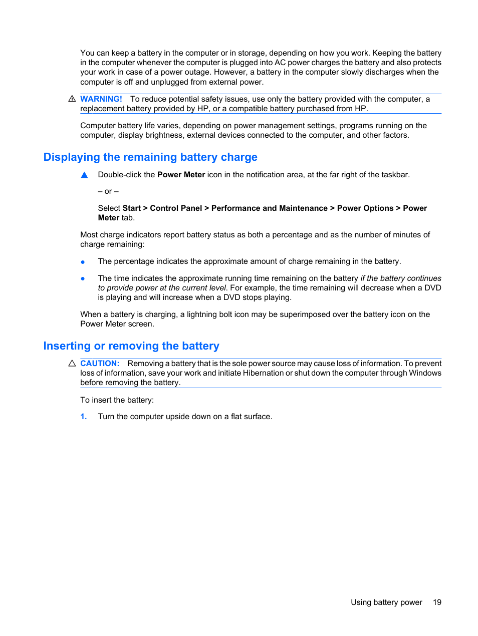 Displaying the remaining battery charge, Inserting or removing the battery | HP Mini 210-1020EH PC User Manual | Page 27 / 94