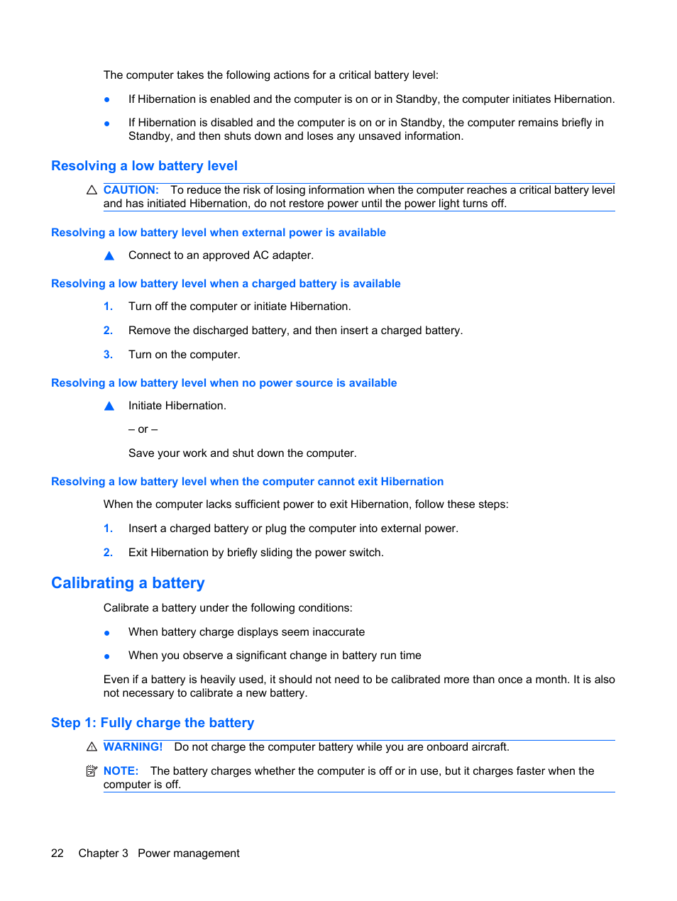 Resolving a low battery level, Calibrating a battery, Step 1: fully charge the battery | HP Mini 210-1020EH PC User Manual | Page 30 / 94