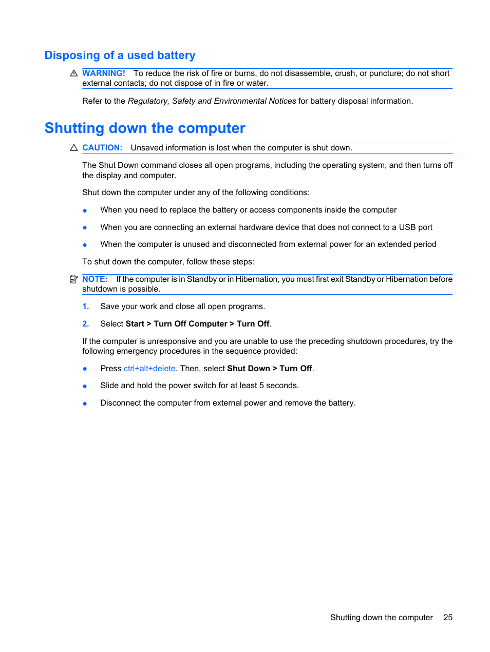 Disposing of a used battery, Shutting down the computer | HP Mini 210-1020EH PC User Manual | Page 33 / 94