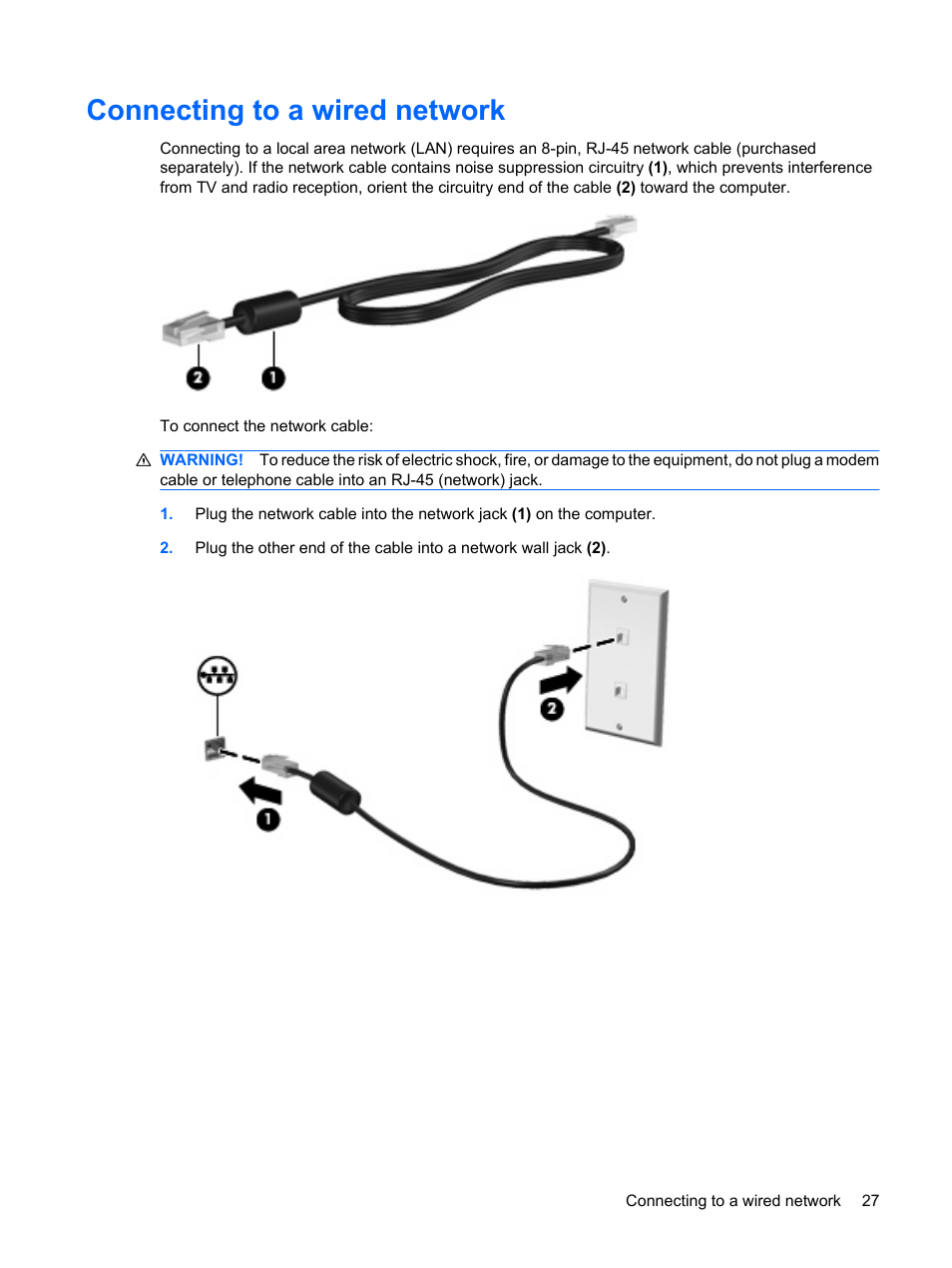 Connecting to a wired network | HP Mini 210-1020EH PC User Manual | Page 35 / 94