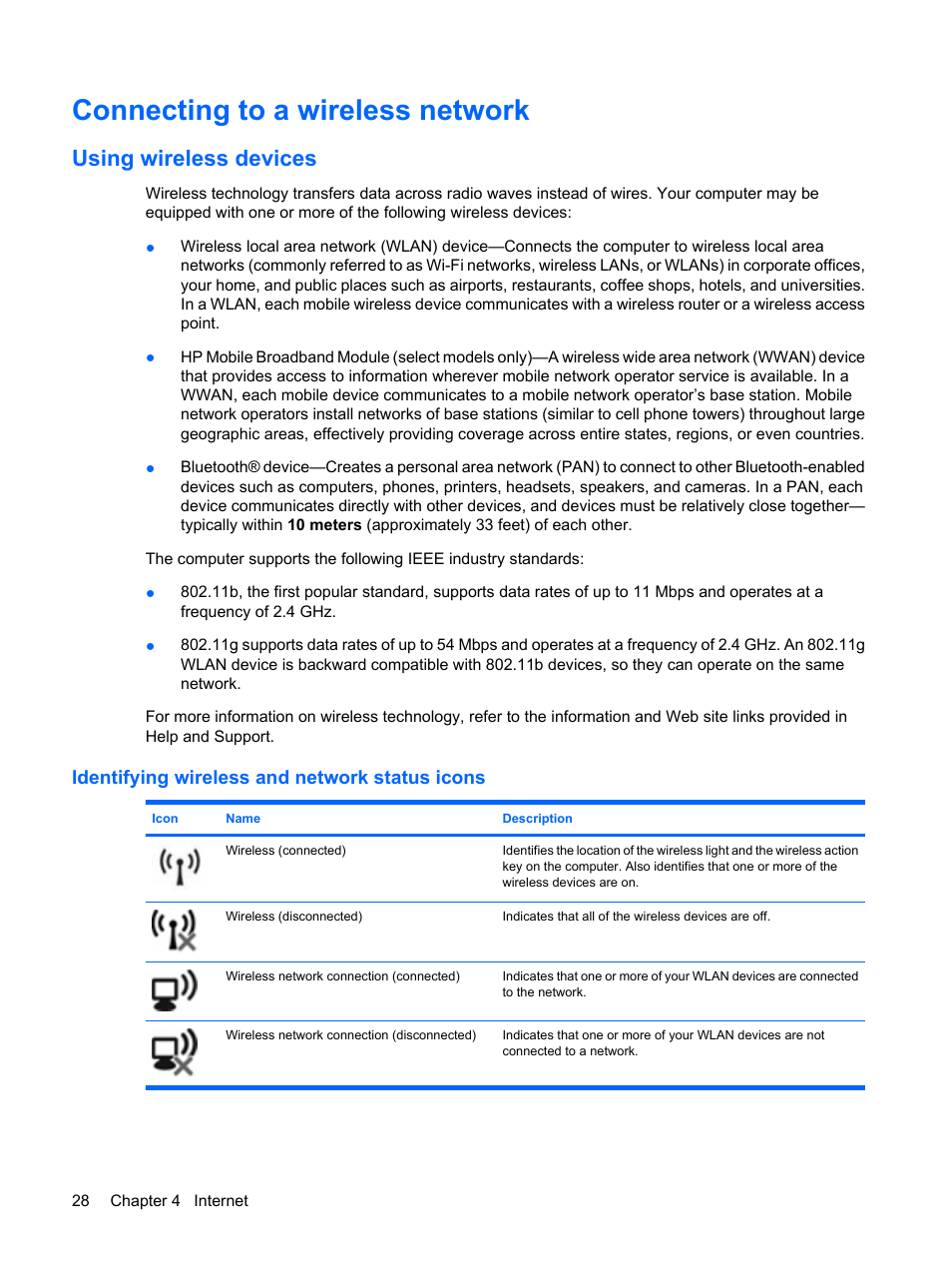 Connecting to a wireless network, Using wireless devices, Identifying wireless and network status icons | HP Mini 210-1020EH PC User Manual | Page 36 / 94