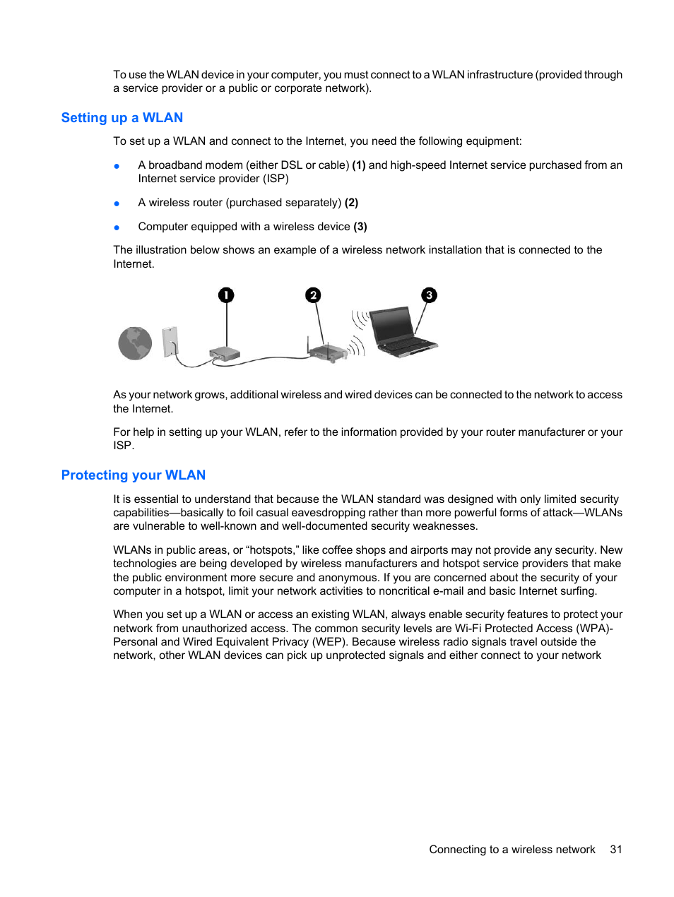 Setting up a wlan, Protecting your wlan, Setting up a wlan protecting your wlan | HP Mini 210-1020EH PC User Manual | Page 39 / 94