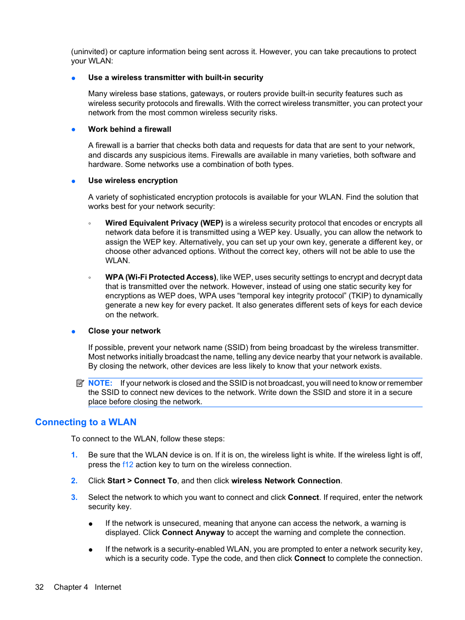 Connecting to a wlan | HP Mini 210-1020EH PC User Manual | Page 40 / 94