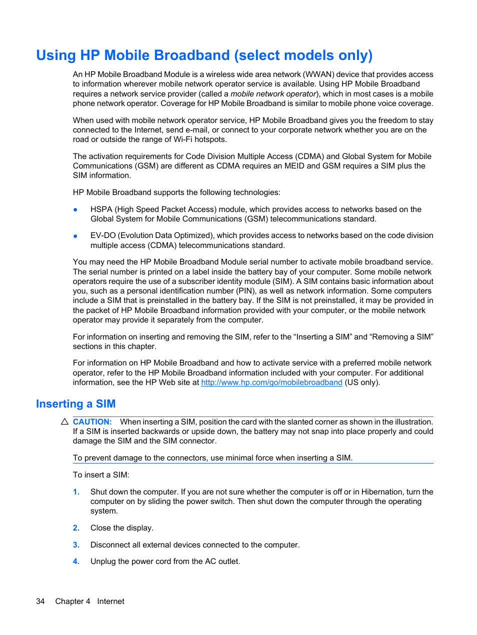 Using hp mobile broadband (select models only), Inserting a sim | HP Mini 210-1020EH PC User Manual | Page 42 / 94