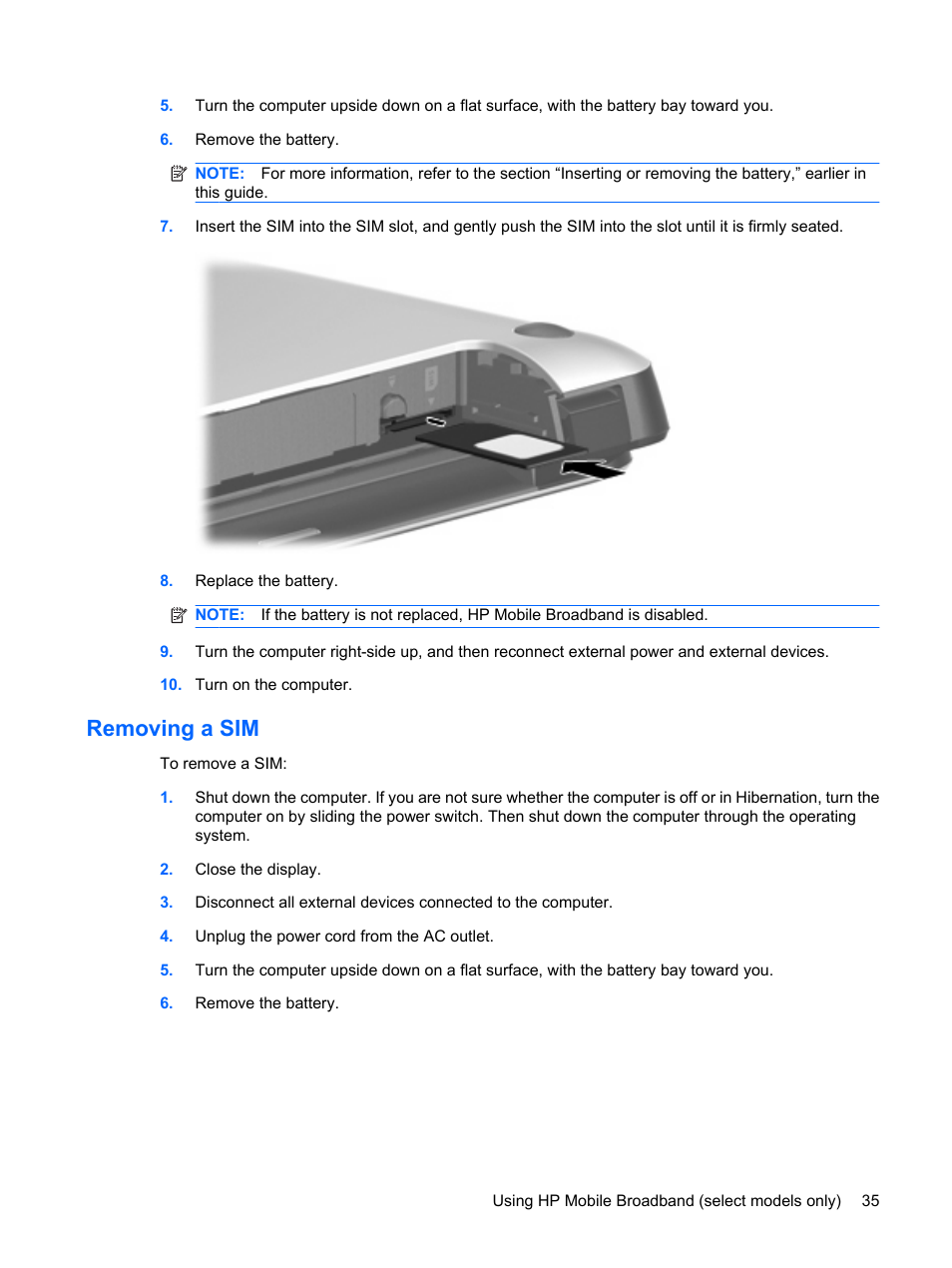 Removing a sim | HP Mini 210-1020EH PC User Manual | Page 43 / 94