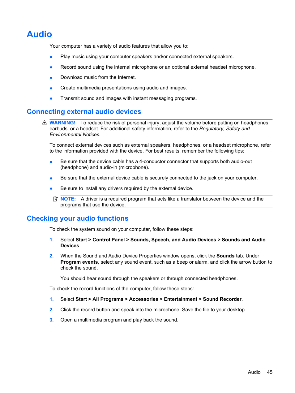 Audio, Connecting external audio devices, Checking your audio functions | HP Mini 210-1020EH PC User Manual | Page 53 / 94