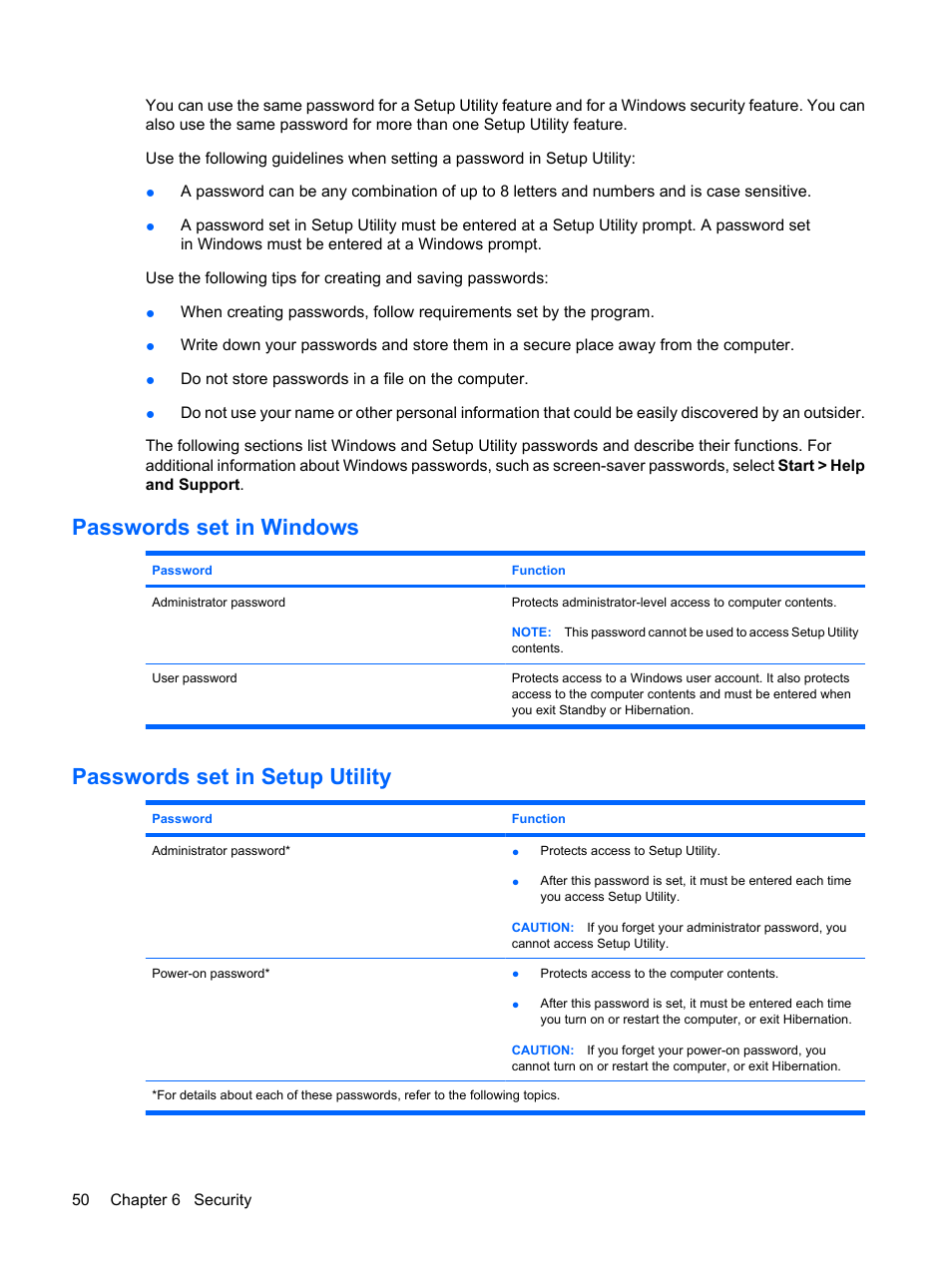 Passwords set in windows, Passwords set in setup utility | HP Mini 210-1020EH PC User Manual | Page 58 / 94