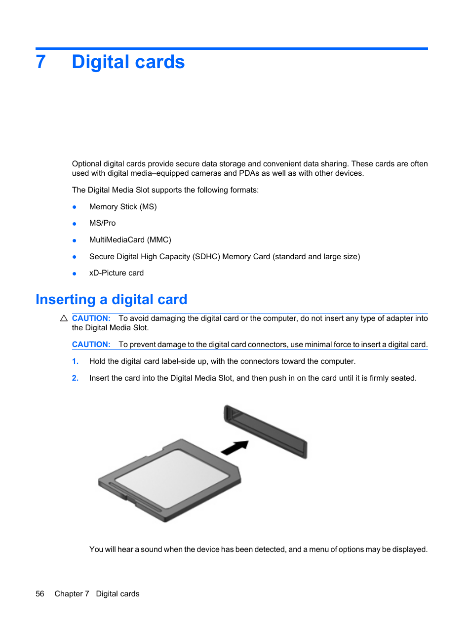 Digital cards, Inserting a digital card, 7 digital cards | 7digital cards | HP Mini 210-1020EH PC User Manual | Page 64 / 94