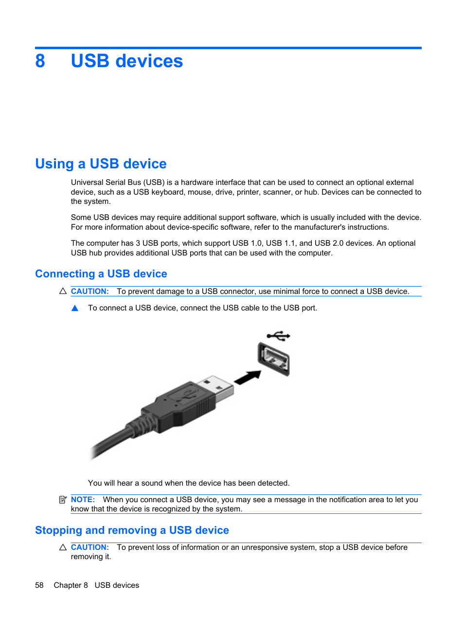 Usb devices, Using a usb device, Connecting a usb device | Stopping and removing a usb device, 8 usb devices, 8usb devices | HP Mini 210-1020EH PC User Manual | Page 66 / 94