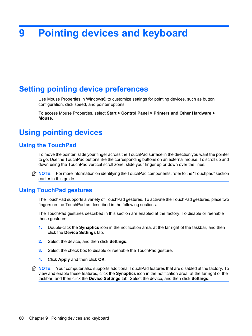 Pointing devices and keyboard, Setting pointing device preferences, Using pointing devices | Using the touchpad, Using touchpad gestures, 9 pointing devices and keyboard, Using the touchpad using touchpad gestures, 9pointing devices and keyboard | HP Mini 210-1020EH PC User Manual | Page 68 / 94