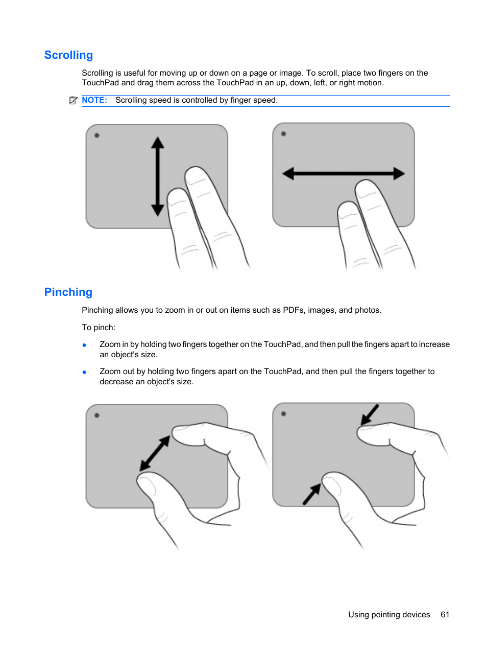 Scrolling, Pinching, Scrolling pinching | HP Mini 210-1020EH PC User Manual | Page 69 / 94