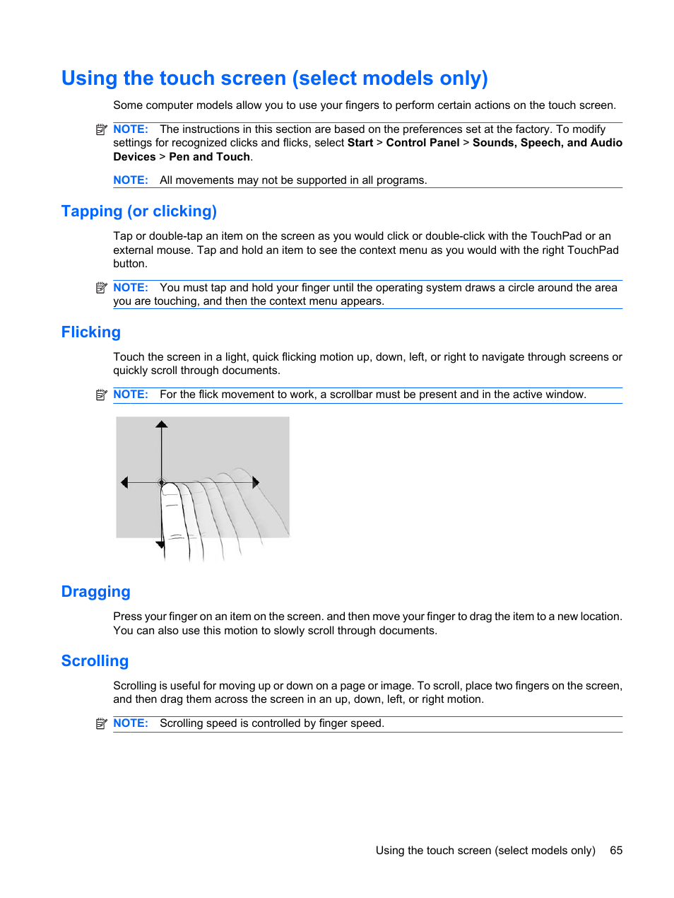 Using the touch screen (select models only), Tapping (or clicking), Flicking | Dragging, Scrolling, Tapping (or clicking) flicking dragging scrolling | HP Mini 210-1020EH PC User Manual | Page 73 / 94