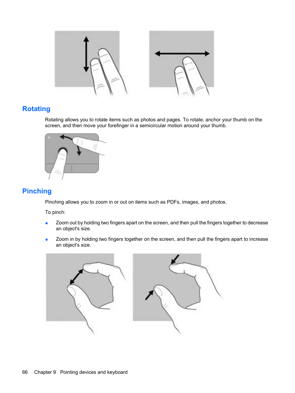 Rotating, Pinching, Rotating pinching | HP Mini 210-1020EH PC User Manual | Page 74 / 94