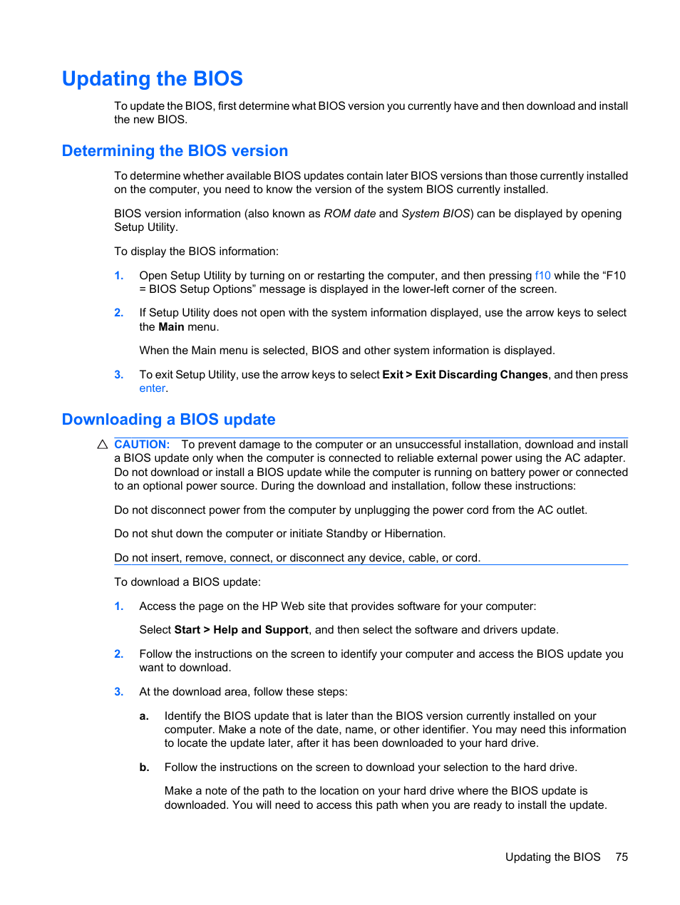 Updating the bios, Determining the bios version, Downloading a bios update | HP Mini 210-1020EH PC User Manual | Page 83 / 94