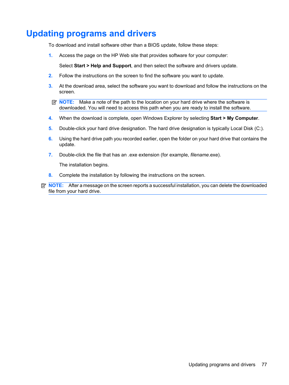 Updating programs and drivers | HP Mini 210-1020EH PC User Manual | Page 85 / 94