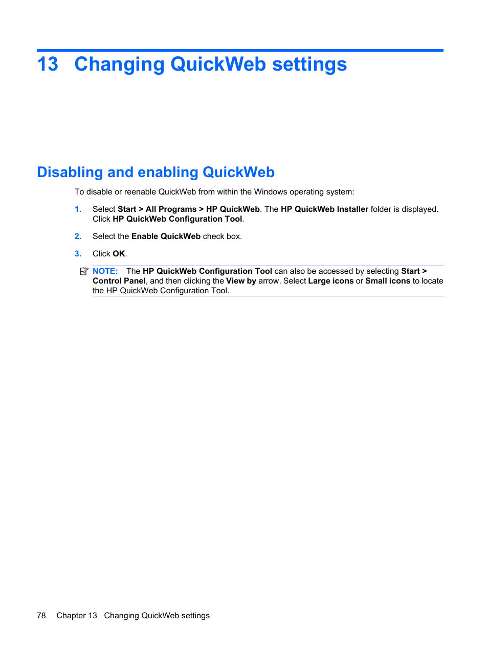 Changing quickweb settings, Disabling and enabling quickweb, 13 changing quickweb settings | HP Mini 210-1020EH PC User Manual | Page 86 / 94