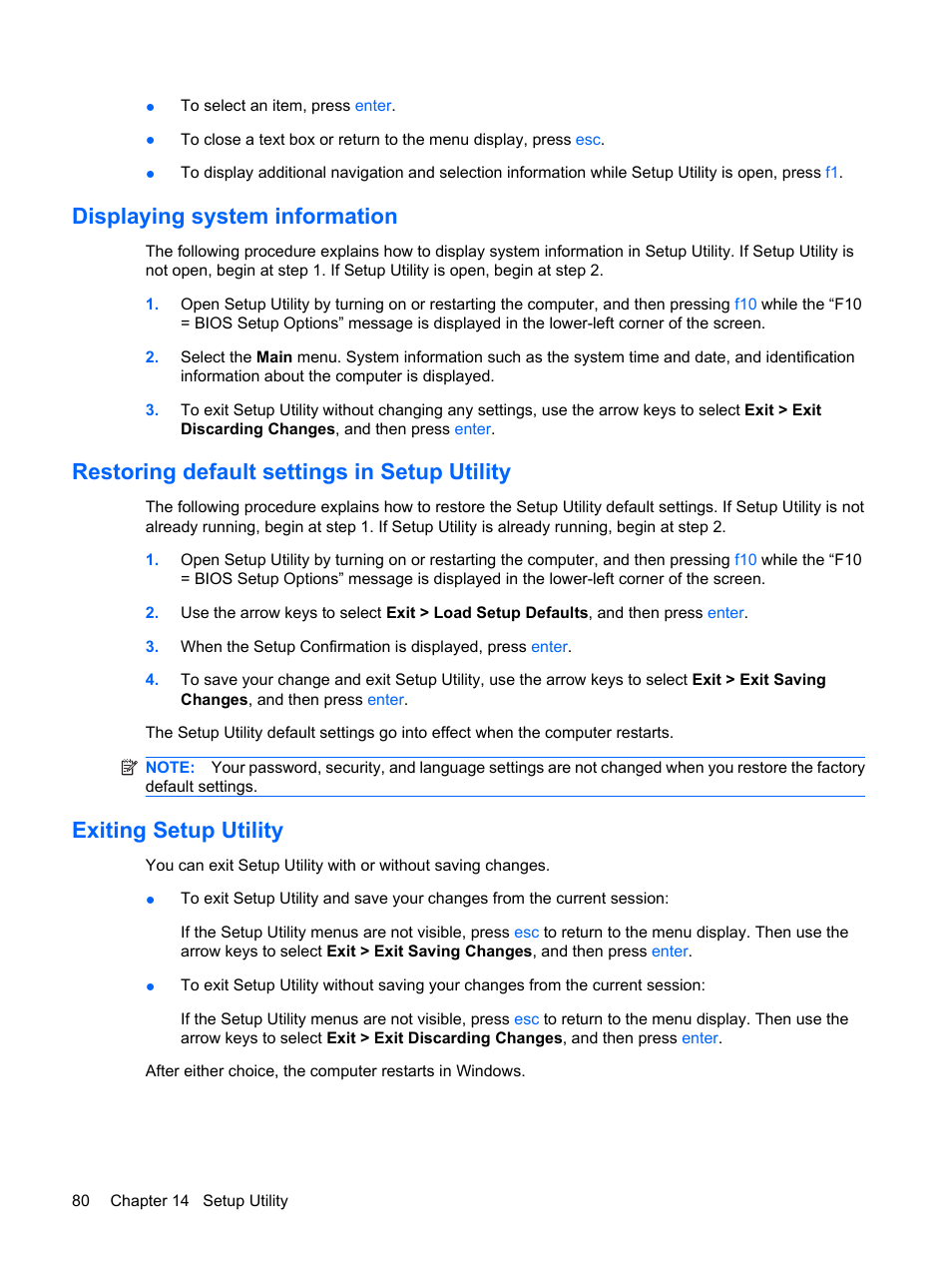 Displaying system information, Restoring default settings in setup utility, Exiting setup utility | HP Mini 210-1020EH PC User Manual | Page 88 / 94