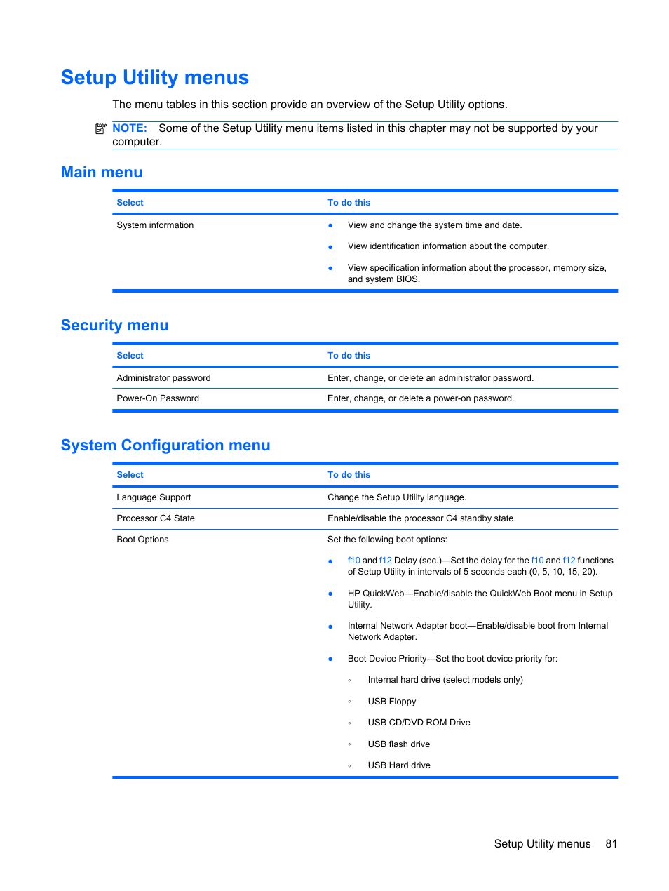Setup utility menus, Main menu, Security menu | System configuration menu, Main menu security menu system configuration menu | HP Mini 210-1020EH PC User Manual | Page 89 / 94