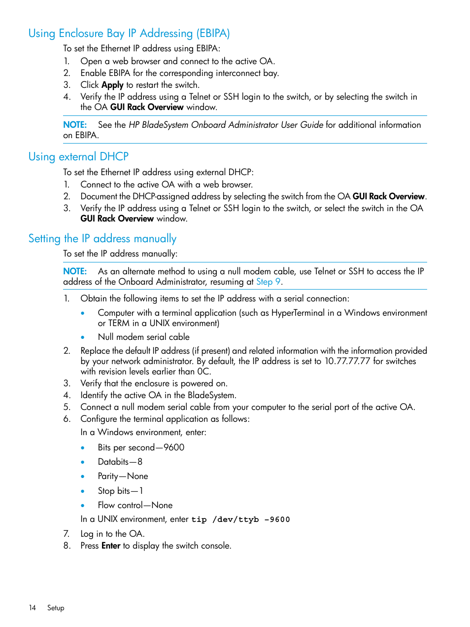 Using enclosure bay ip addressing (ebipa), Using external dhcp, Setting the ip address manually | HP Brocade 8Gb SAN Switch for HP BladeSystem c-Class User Manual | Page 14 / 59