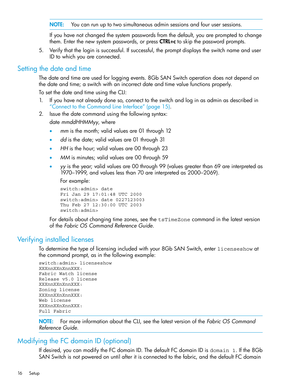Setting the date and time, Verifying installed licenses, Modifying the fc domain id (optional) | HP Brocade 8Gb SAN Switch for HP BladeSystem c-Class User Manual | Page 16 / 59