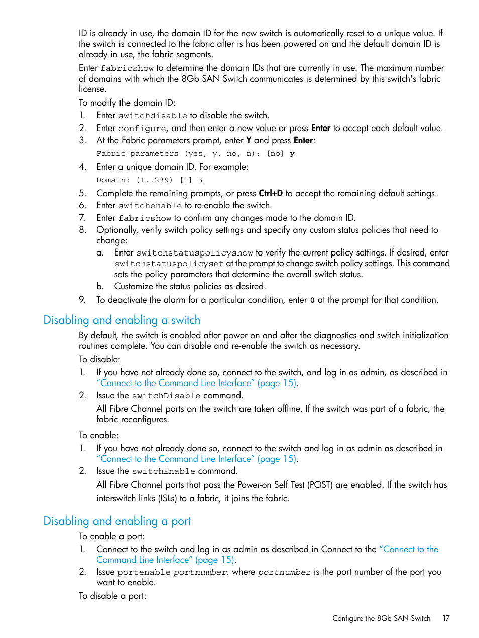 Disabling and enabling a switch, Disabling and enabling a port | HP Brocade 8Gb SAN Switch for HP BladeSystem c-Class User Manual | Page 17 / 59