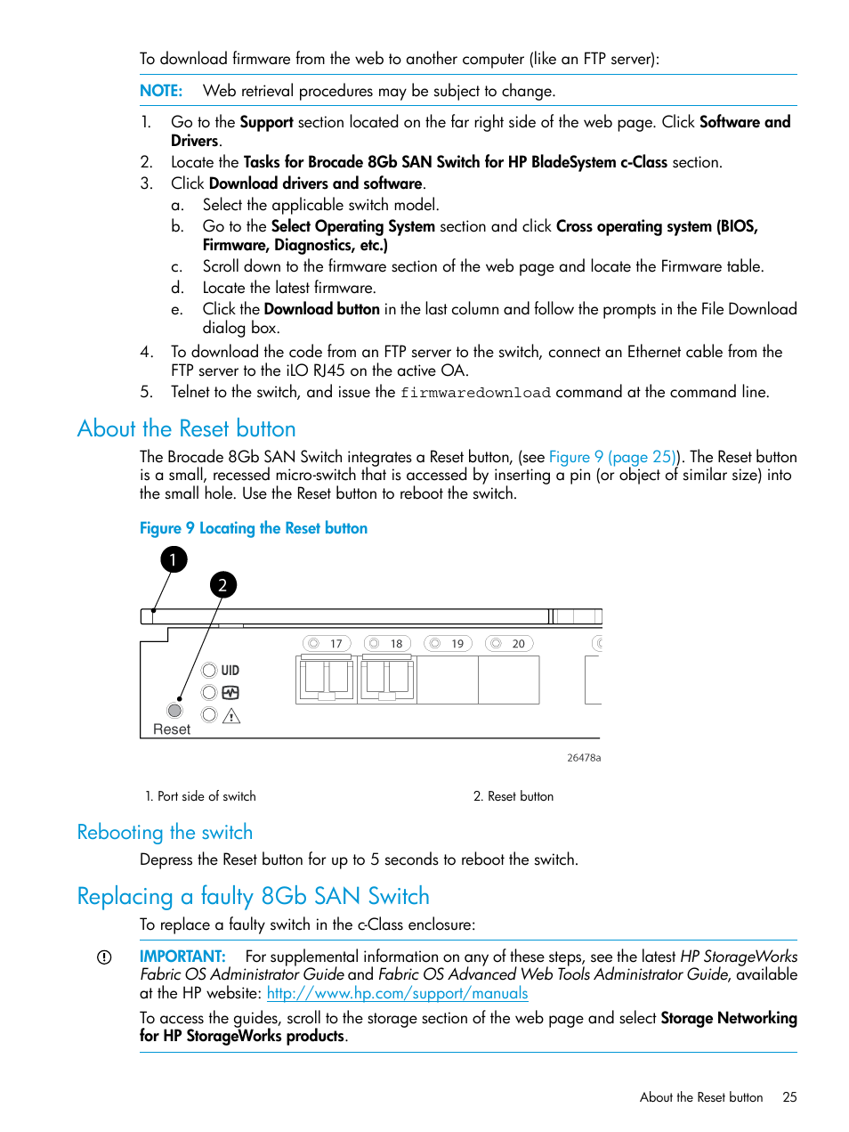 About the reset button, Rebooting the switch, Replacing a faulty 8gb san switch | HP Brocade 8Gb SAN Switch for HP BladeSystem c-Class User Manual | Page 25 / 59