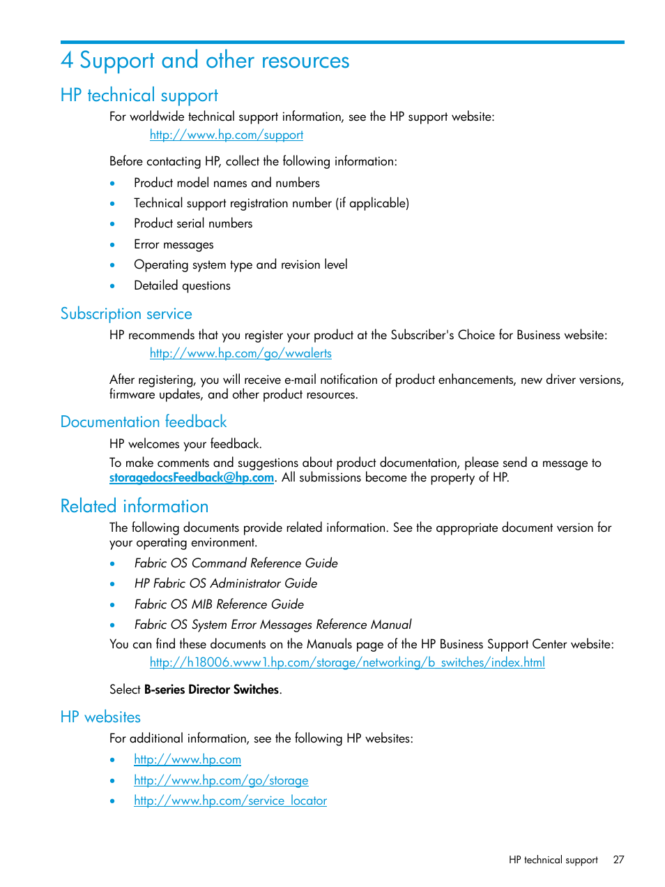 4 support and other resources, Hp technical support, Subscription service | Documentation feedback, Related information, Hp websites, Subscription service documentation feedback | HP Brocade 8Gb SAN Switch for HP BladeSystem c-Class User Manual | Page 27 / 59