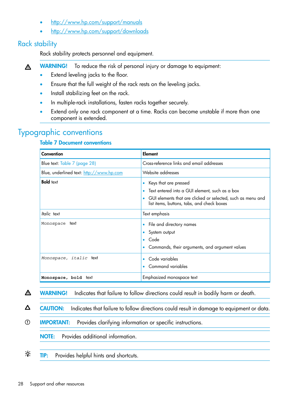 Rack stability, Typographic conventions | HP Brocade 8Gb SAN Switch for HP BladeSystem c-Class User Manual | Page 28 / 59
