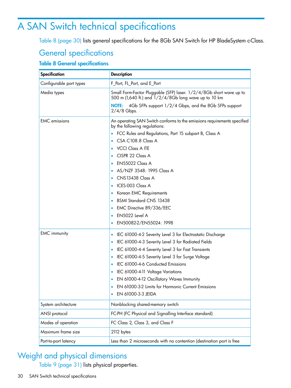 A san switch technical specifications, Weight and physical dimensions, General specifications | HP Brocade 8Gb SAN Switch for HP BladeSystem c-Class User Manual | Page 30 / 59