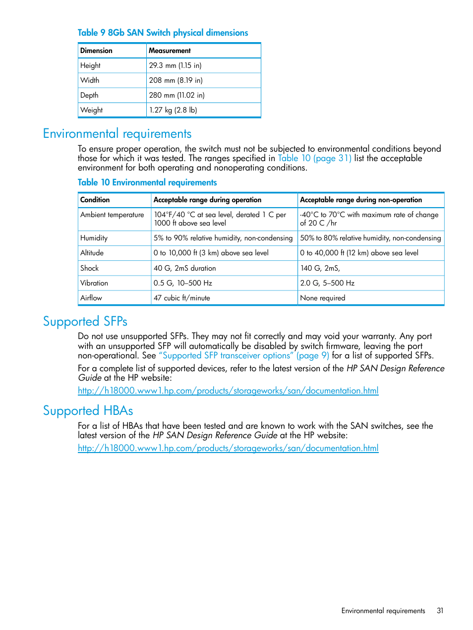 Environmental requirements, Supported sfps, Supported hbas | HP Brocade 8Gb SAN Switch for HP BladeSystem c-Class User Manual | Page 31 / 59