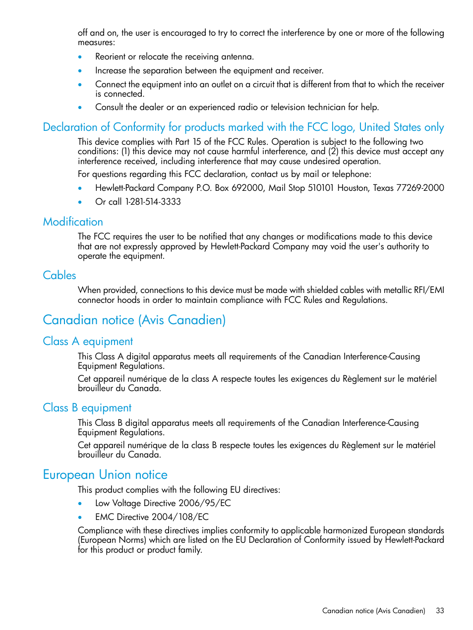 Modification, Cables, Canadian notice (avis canadien) | Class a equipment, Class b equipment, European union notice, Class a equipment class b equipment | HP Brocade 8Gb SAN Switch for HP BladeSystem c-Class User Manual | Page 33 / 59